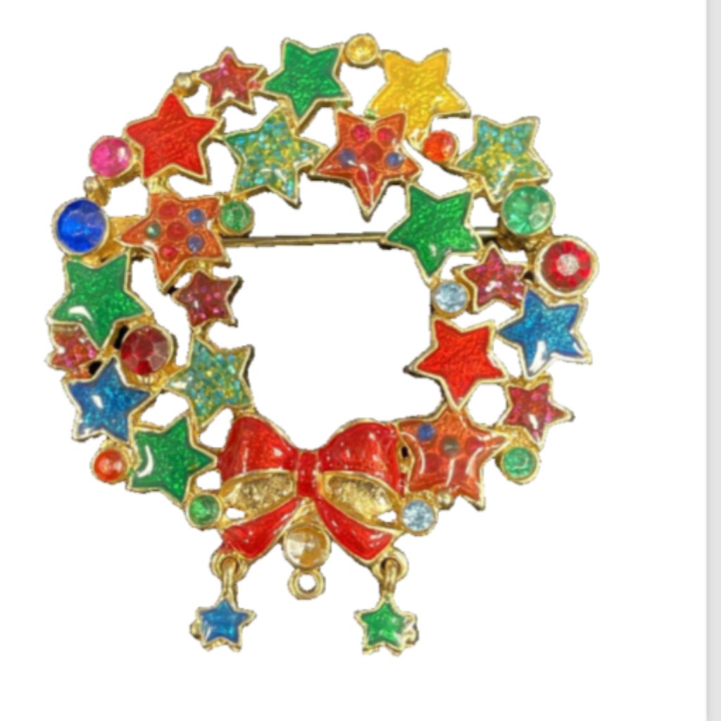 Christopher Radko Enamel Wreath Brooch Signed Gold Tone Stars & Bow Vintage